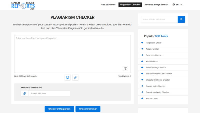 Plagiarism Checker - SearchEngineReports.net